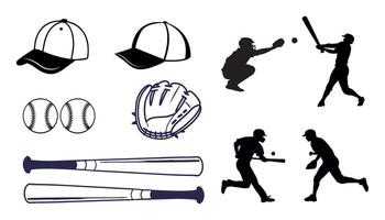 Baseball Illustration Clip Art Bundle Set, Baseball Cap ball And bat with gloves Silhouette Set, vector