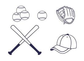 Baseball Instrument Clip Art Bundle Set, Baseball Cap Glove, Bat and Ball Sport Isolated Equipment And Element, Baseball Exercise Cap Ball And Gloves Outline Icon Symbol vector