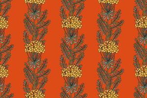 Botanical abstract plant seamless pattern with wildflowers illustration. Repeating retro floral pattern in red colors background. Graphic design for Wallpaper Textile Cover Card Print Product vector