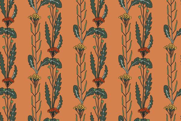 Botanical abstract plant seamless pattern with wildflowers illustration. Repeating retro floral pattern in brown pastel colors background. Graphic design for Wallpaper Textile Cover Card Print