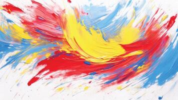 Energetic explosion of red, blue, and yellow paint, splattered across a white background. photo