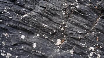 Rough slate rock surface texture with prominent cracks and deep grooves, perfect for natural geological designs, stone backgrounds, and rugged architectural surface inspirations photo