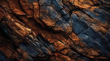 Dynamic rocky surface featuring bold blue and orange contrasts, showcasing natural geological textures and cracks ideal for architecture, backgrounds, and abstract artistic inspirations. photo