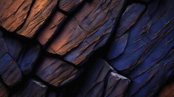Layered slate rock with warm rust hues and cracked surface patterns, ideal for geological and architectural backgrounds, abstract stone art, and natural surface designs photo