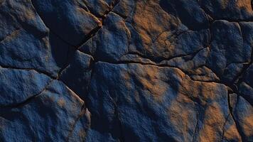 Textured dark blue slate rock with deep fissures and rust streaks, showcasing rugged geological formations perfect for architectural designs, abstract stone backgrounds, and nature-inspired surfaces photo