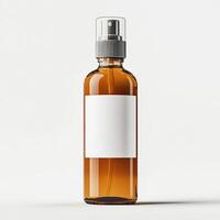 Amber spray bottle with blank label on a minimalist background for versatile use. photo