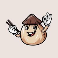 fun happy dim sum with chopstick and straw hat cartoon colored character isolated drawing line style sketch classic vintage design illustration vector
