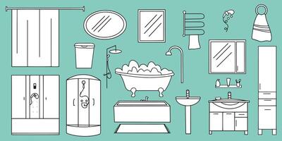 A set of objects and furniture. Bathroom and toilet with washbasins, sinks, mirrors, shower, cabinets vector