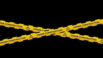 Under construction tape animation with yellow and black diagonal stripes. Warning danger tape Transparent background with alpha channel video