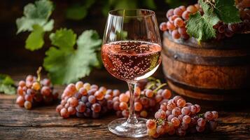 Sparkling Ros Wine in Glass with Grapes and Wooden Barrel Rustic Setting photo