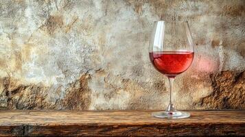 Glass of Ros Wine on Rustic Wooden Table with Aged Wall Background photo