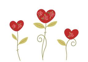 Set of Flowers in heart shape with intricate pattern reflecting love and nature. Flat style vector