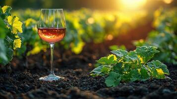 Ros Wine Glass in Vineyard at Sunset Grape Vines Soil Summer photo