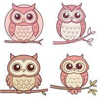 Owls on Branches Whimsical Illustrations in Various Styles vector