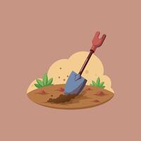 A shovel and shovel in the ground with dirt vector
