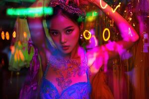 A dancer poses gracefully in an ornate blue costume adorned with intricate details. photo