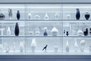 A variety of modern vases and sculptures are displayed in a contemporary art gallery. The collection features unique designs in black and white, arranged on illuminated shelves. photo