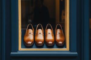 Four pairs of polished brown leather shoes are arranged neatly in a boutique window. The warm light highlights their craftsmanship, creating an inviting atmosphere for passersby. photo