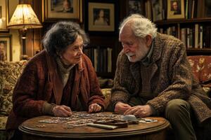 An elderly couple sits closely together at a table, immersed in solving a jigsaw puzzle. The warm atmosphere of the living room, adorned with books and family photos, enhances their bond. photo