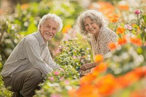 An elderly couple is happily tending to their colorful flower garden. Surrounded by blooming flowers, they share smiles as they cultivate the plants under the warm sun. photo