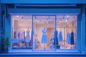 A clothing boutique features an array of elegant dresses and stylish outfits on mannequins and hangers, illuminated by soft interior lights. The inviting atmosphere attracts passersby. photo