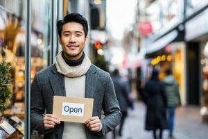 A young man stands outside a shop in a busy city street holding an open sign. Shoppers bustle past him in the background, creating a vibrant atmosphere during the day. photo