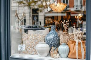 A cozy shop window showcases an array of decorative vases, cushions, and dried flowers. The warm lighting highlights the unique textures and colors, inviting passersby to explore further. photo