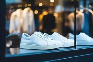 White sneakers are showcased in a stylish shop window, highlighting their sleek design. The blurred background features clothing items, creating an inviting shopping atmosphere. photo