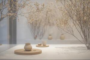 Softly lit arrangement features handcrafted pottery and blooming dried flowers scattered across minimalist wooden surfaces in a tranquil indoor setting. photo