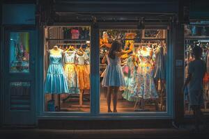 A woman browses through colorful dresses in a boutique window at night. The display features various styles, enticing passersby with vibrant designs and soft lighting. photo