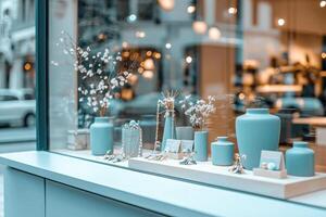 A boutique window features an array of elegant jewelry designs. Various decorative pieces are displayed on a light-colored surface, highlighting delicate materials and soft colors. photo