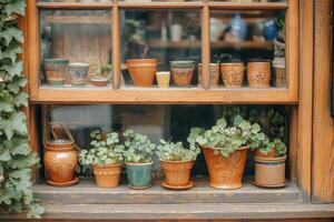 Colorful terracotta pots filled with lush green plants create a vibrant display in a rustic window. The wooden frame and detailed carvings add to the inviting atmosphere of this quaint location. photo