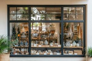 A boutique showcases an array of decorative items and pottery in its window. Natural light highlights the intricate designs. Green plants frame the display, creating a welcoming atmosphere. photo