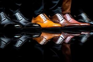 A collection of elegant formal shoes in various colors and styles is displayed on a reflective surface. Each shoe exhibits fine detailing, emphasizing craftsmanship and sophistication. photo