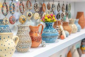 Vibrant pottery, including vases and jugs, is beautifully arranged on a shelf at a local artisan market. Colorful designs and intricate patterns attract visitors attention. photo