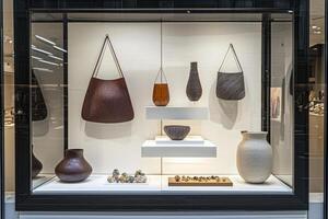 The storefront window features an array of unique handmade ceramics and woven baskets, elegantly arranged on white shelves. photo