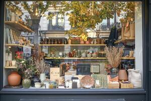 A charming shop window showcases an array of handmade crafts, pottery, and decorative items. The vibrant autumn leaves outside add a cozy ambiance to the scene. photo