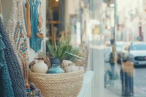 Crafts and decorative items including baskets, vases, and textiles are showcased in a shop window. The street view reveals a bright and inviting atmosphere with passing cars. photo
