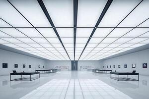 A spacious art gallery showcases contemporary artwork displayed on white walls. The minimalistic design features long tables and a striking ceiling, creating an inviting atmosphere for visitors. photo