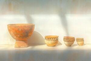 Four pieces of ancient pottery are arranged on a white shelf, illuminated by soft natural light. photo