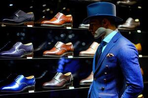 A well-dressed man stands in front of a display of high-quality shoes in a boutique during the evening. The setting highlights the craftsmanship and design of each shoe. photo