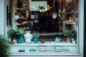 A vibrant storefront reveals an inviting array of potted plants, colorful pottery, and unique collectibles. The display showcases various ornamental items, creating a warm and welcoming atmosphere. photo