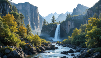 A breathtaking vista of a powerful waterfall cascading down rocky cliffs into a serene lake, nestled within a lush green valley surrounded by towering mountains. png