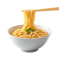 A high-angle, close-up shot of a generous portion of golden instant noodles being lifted by chopsticks, about to fall into a clear bowl. png