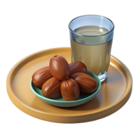 3D render of a Dates on a Plate A decorative plate with a few dates, accompanied by a small glass of water png