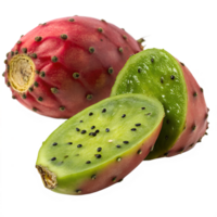 A whole prickly pear, displayed alongside a sliced piece revealing the bright green pulp with tiny black seeds inside png