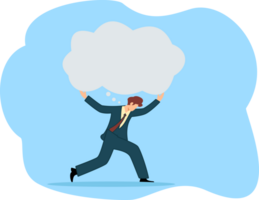 man carrying thought balloon. Over thinking obsessive in work. Too many problems that cannot make decision. Businessman carry heavy thinking bubble burden png