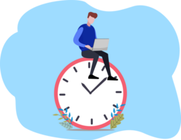 Man sitting on a clock and holding a laptop. Time management and productivity concept. Busy man working png