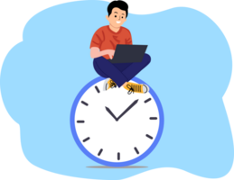 Productivity concept. Productivity and project management. Man sitting on clock. Time management concept. Man with laptop report and clock png