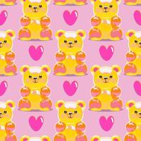 seamless pattern with bright honey gummy bears and candy hearts on soft pink background vector